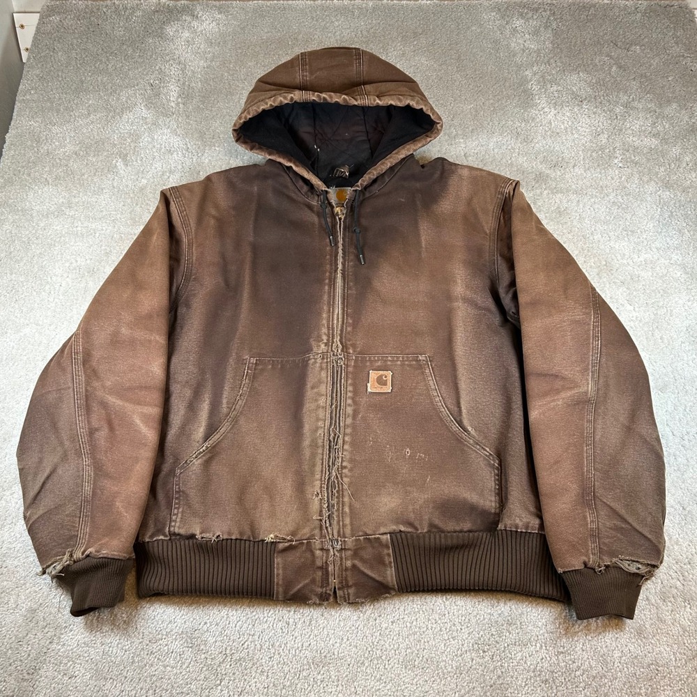 VTG Carhartt Active Jacket Mens L Dark Brown J130 DKB Distressed Faded Canvas